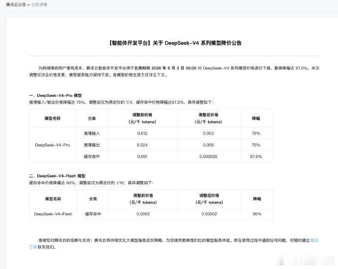 【腾讯云称DeepSeekV4系列模型降价】6月2日，公告，为持续降低用户使用成