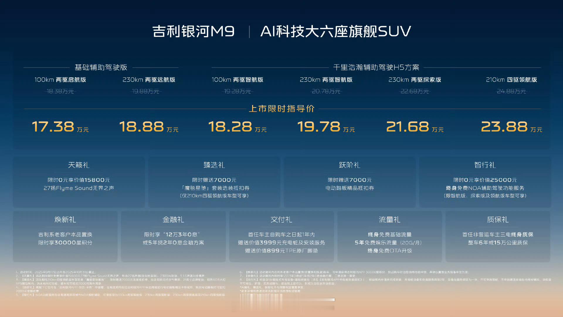 吉利银河M9上市限时价17.38万起吉利银河 M9﻿ 价格来了：-100 km 