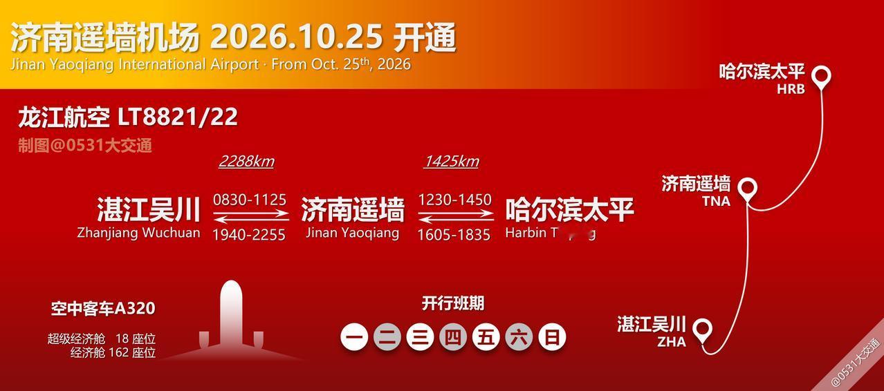 2026-2027冬春航季，龙江航空挂出LT8821/22湛江吴川-济南遥墙-哈