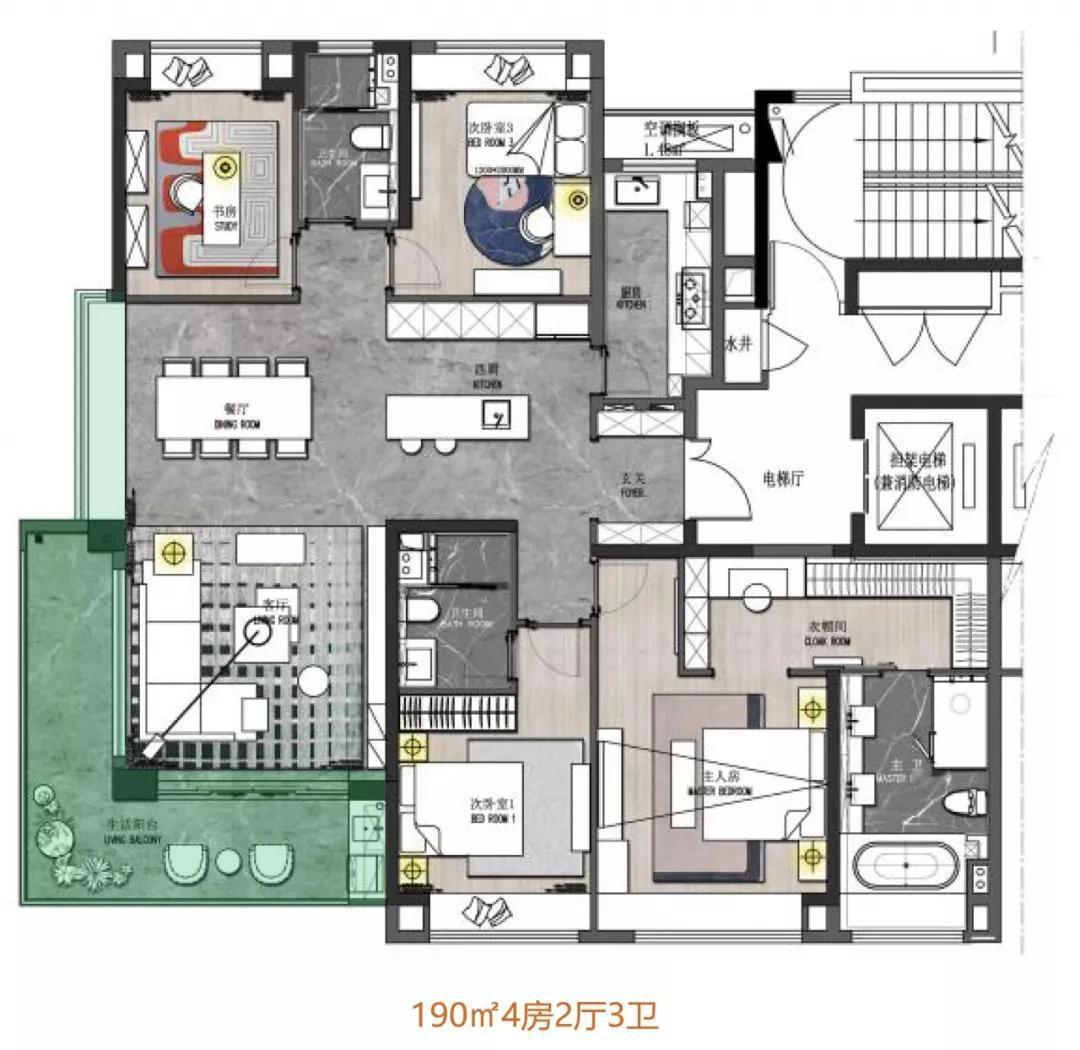 188平米的房子真的相当漂亮，客厅采用了纵向排列的方式，转角阳台也是标配，但这个