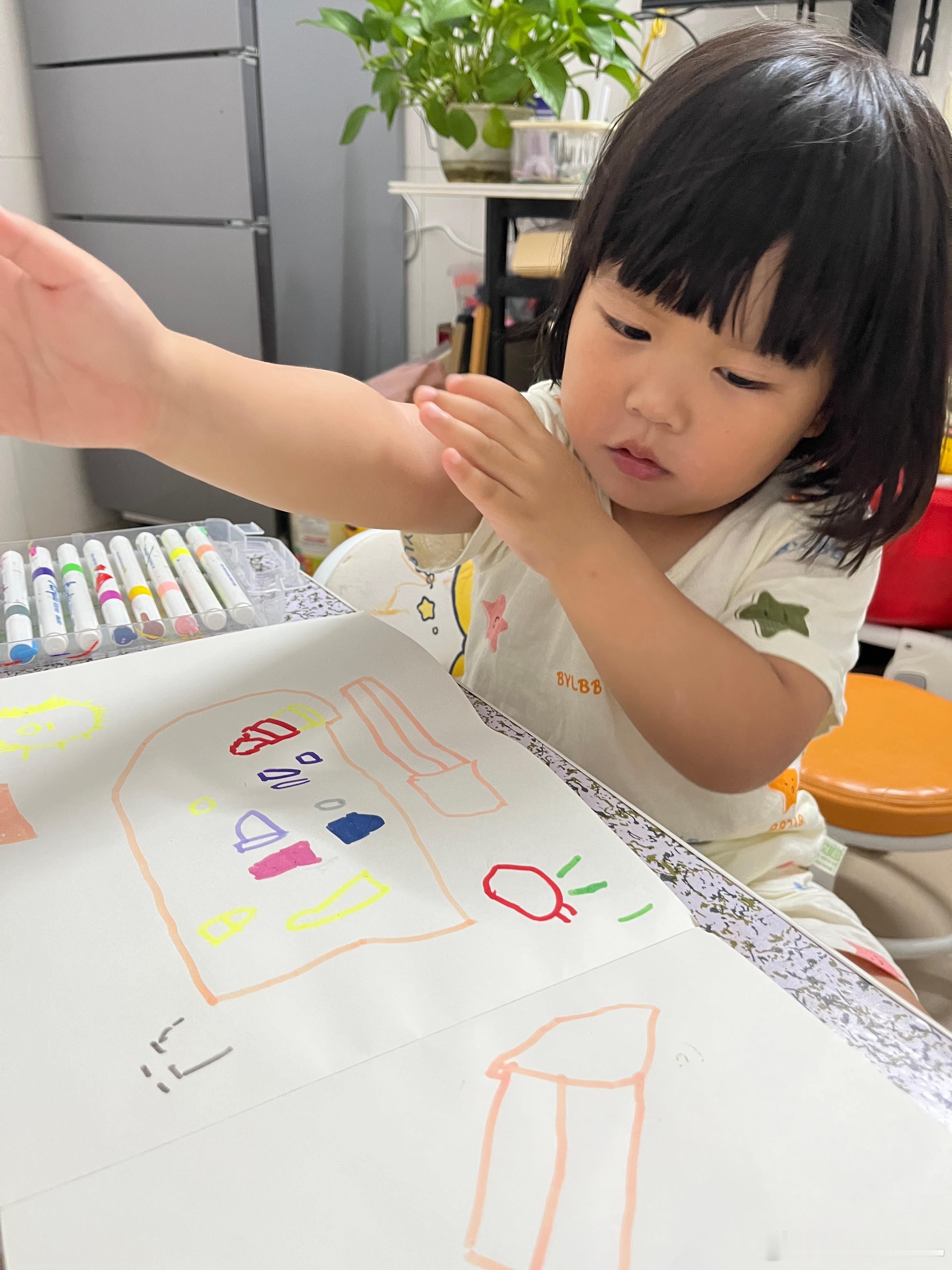 还不想睡，要画画，说明天不用上学，再玩一会。妈妈，这是我画的作品，你想要什么，和