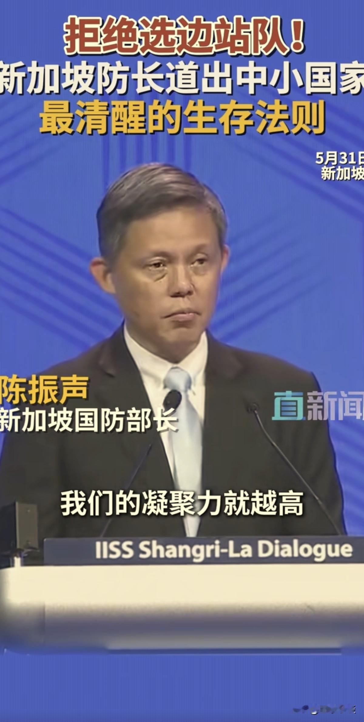 5月31日，新加坡防长陈振声在第23届香格里拉发言：“我们既不“亲美”，也不亲“