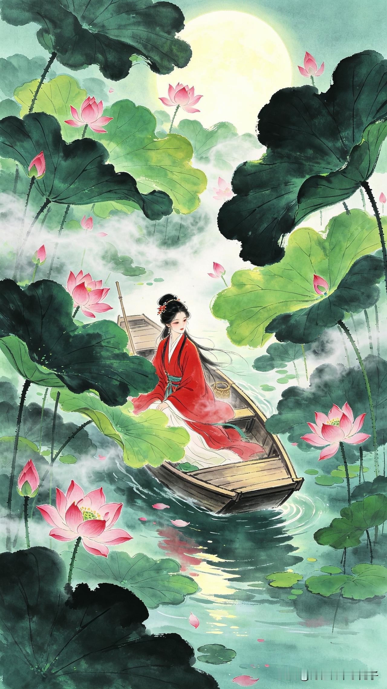 棹破青烟入藕塘，
红衣落尽水风凉。
采得莲心归去晚，
     
…………请师友