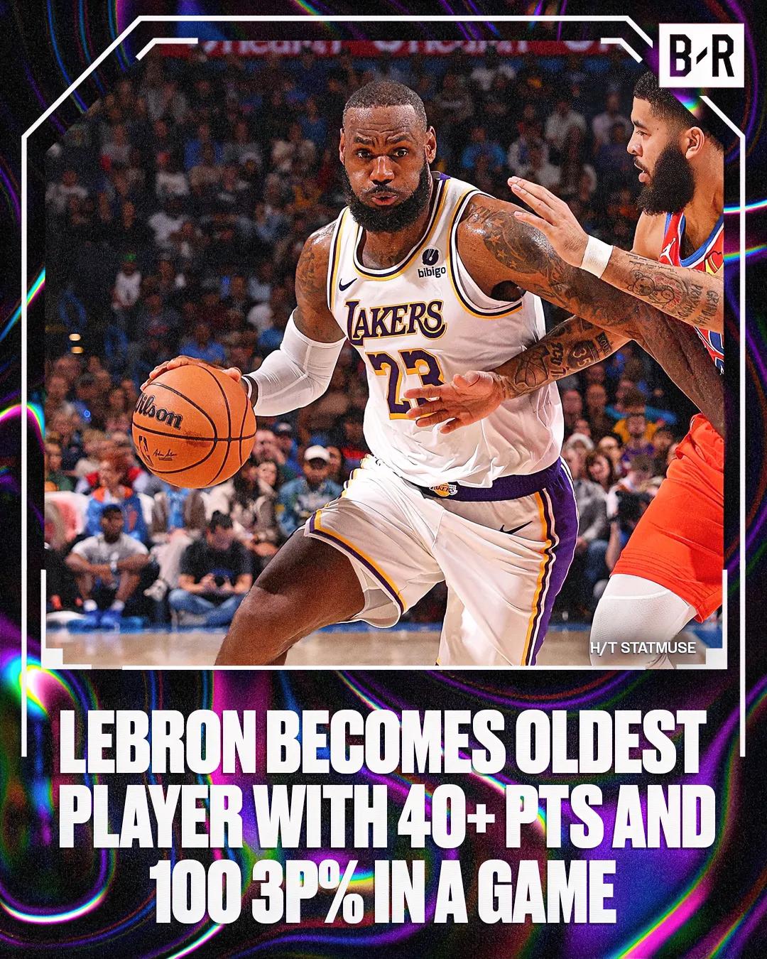 詹姆斯又一记录诞生：詹姆斯今天砍下40+7+7，三分球5中5，成NBA单场砍下4