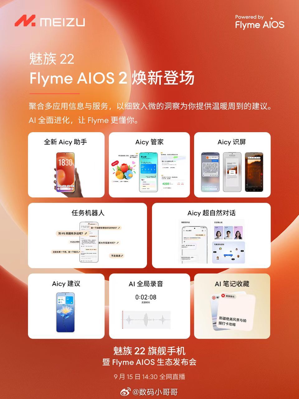 魅族 22 搭载 Flyme AIOS 2，懂你所需，AI 你更多。更好用的 A
