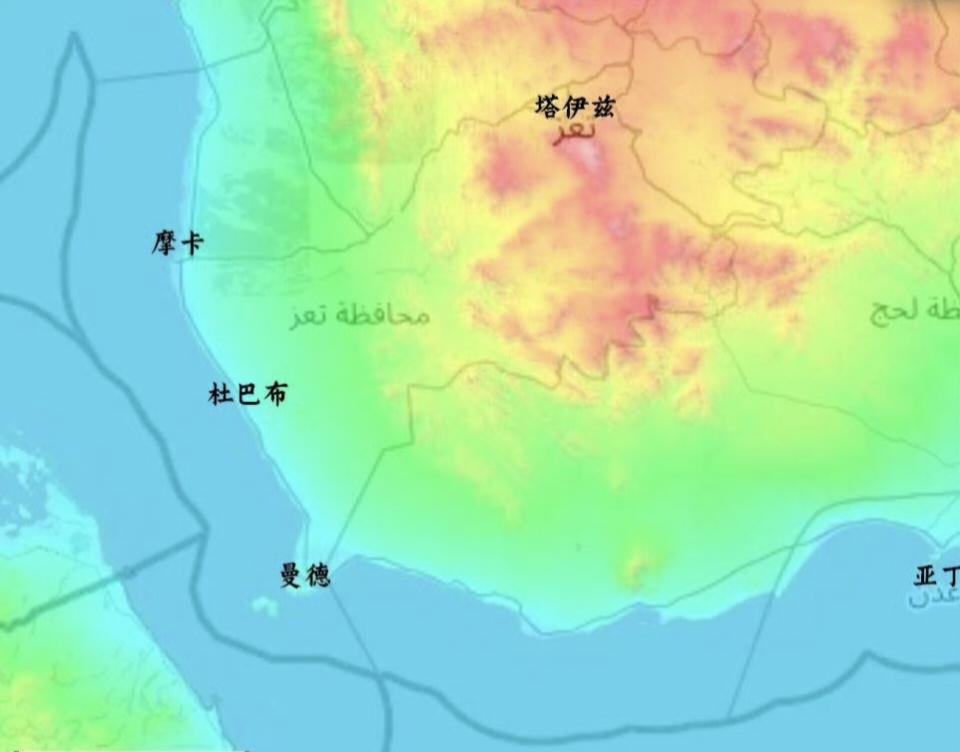也门西南部的地形图，一眼就能看出塔伊兹省的重要性——大片的山地，是亚丁西北面的屏