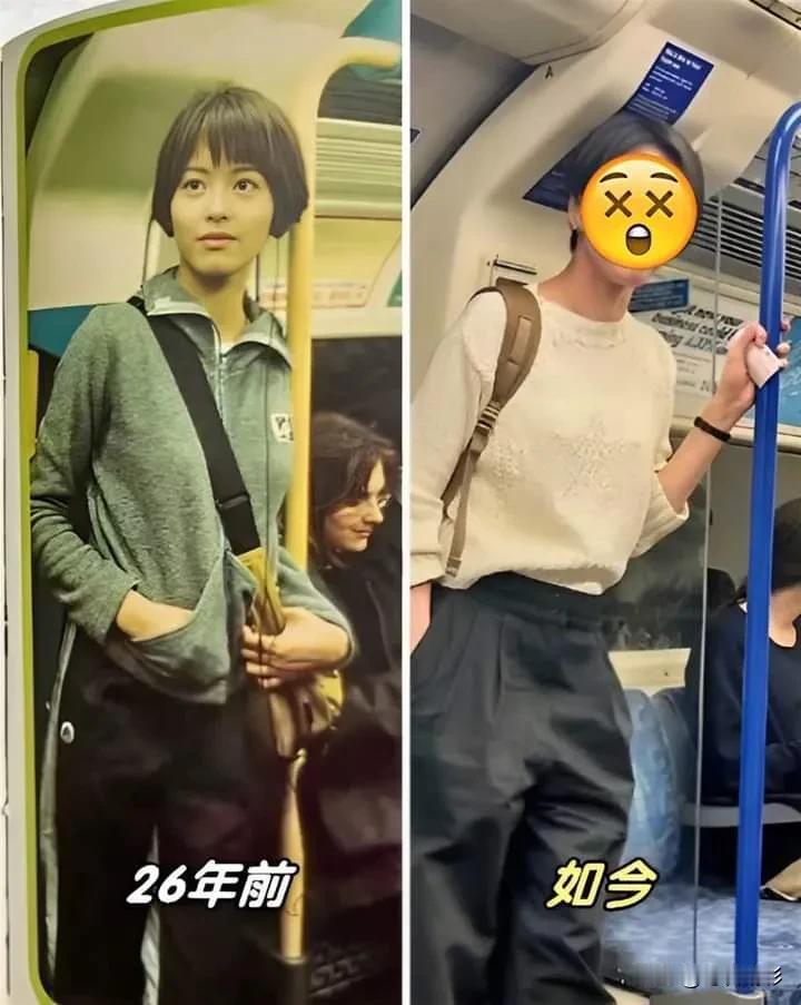 左側是梁詠琪《膽小鬼》內頁，右側是女兒為她拍的照片，同一角度「相隔26年」：居然