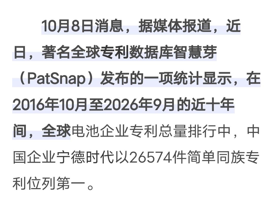 26574件！宁德时代超越LG新能源，登顶全球电池专利第一

近日，智慧芽发布近