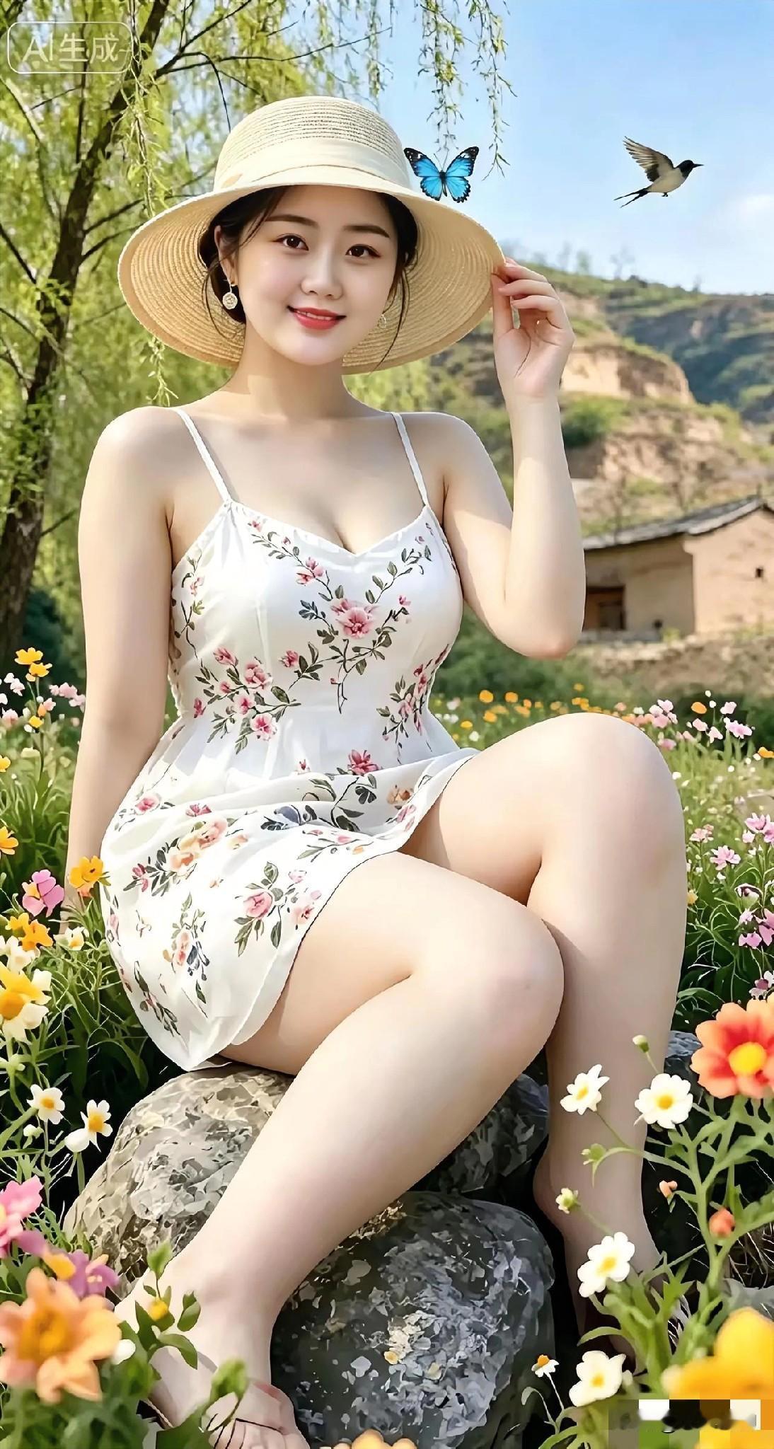 阳光明媚的日子里，花丛中静坐着一位风姿绰约的姑娘，那画面堪称绝妙。和煦的阳光如丝