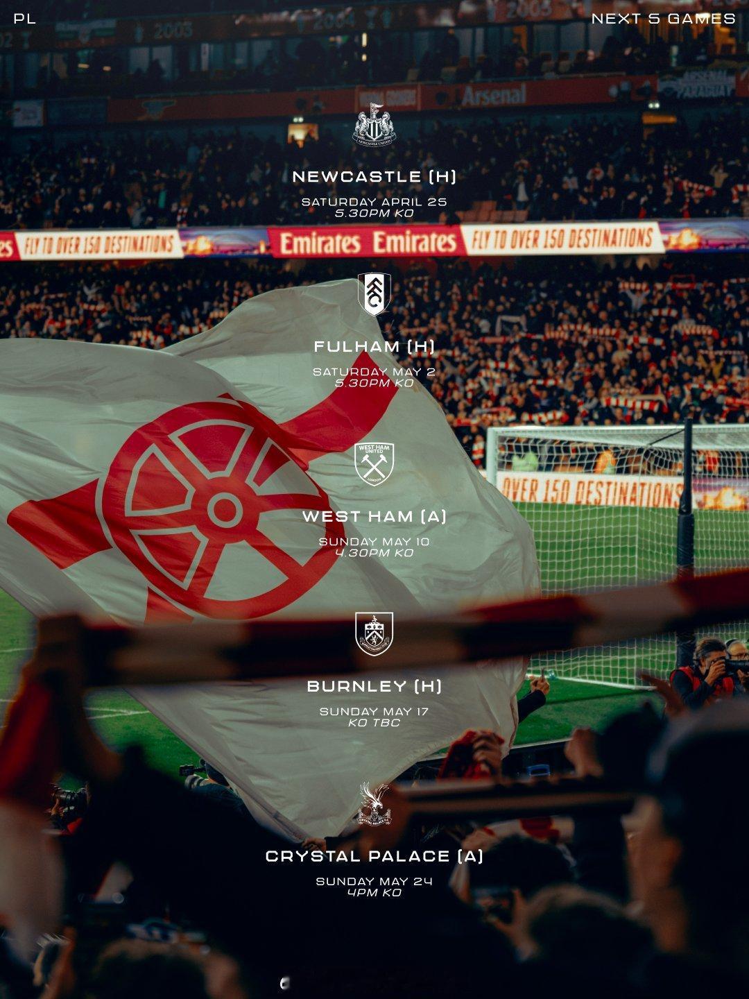 阿森纳vs纽卡斯尔联 最后五场联赛我们能拿到多少分？期待全取15分，多进球，享受