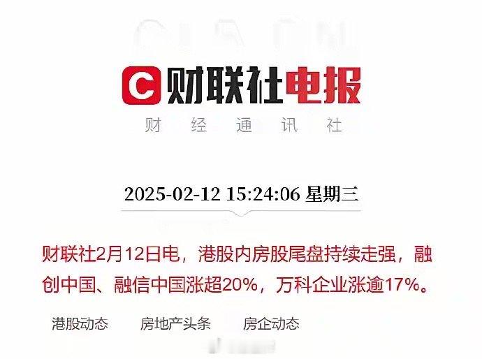 港股内房股尾盘持续走强了！融创中国、融信中国涨超20%，万科企业涨逾17%！果然