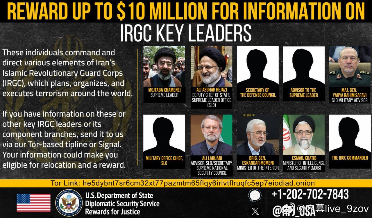 最新消息：美国国务院外交安全局悬赏1000万美元，征集有关伊朗伊斯兰革命卫队多名