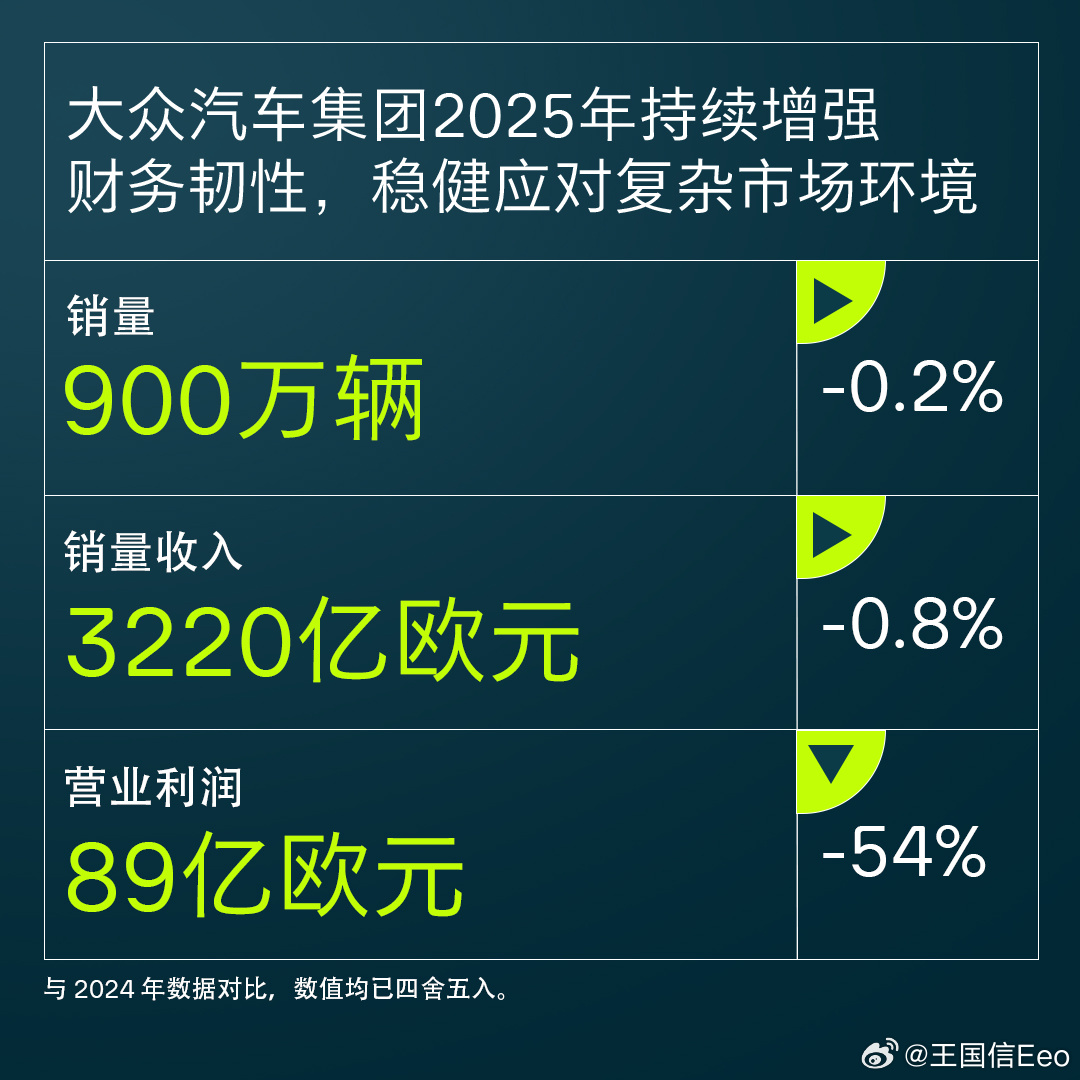 2025年，大众汽车集团实现销售收入3219亿欧元，与2024年（3247亿欧元