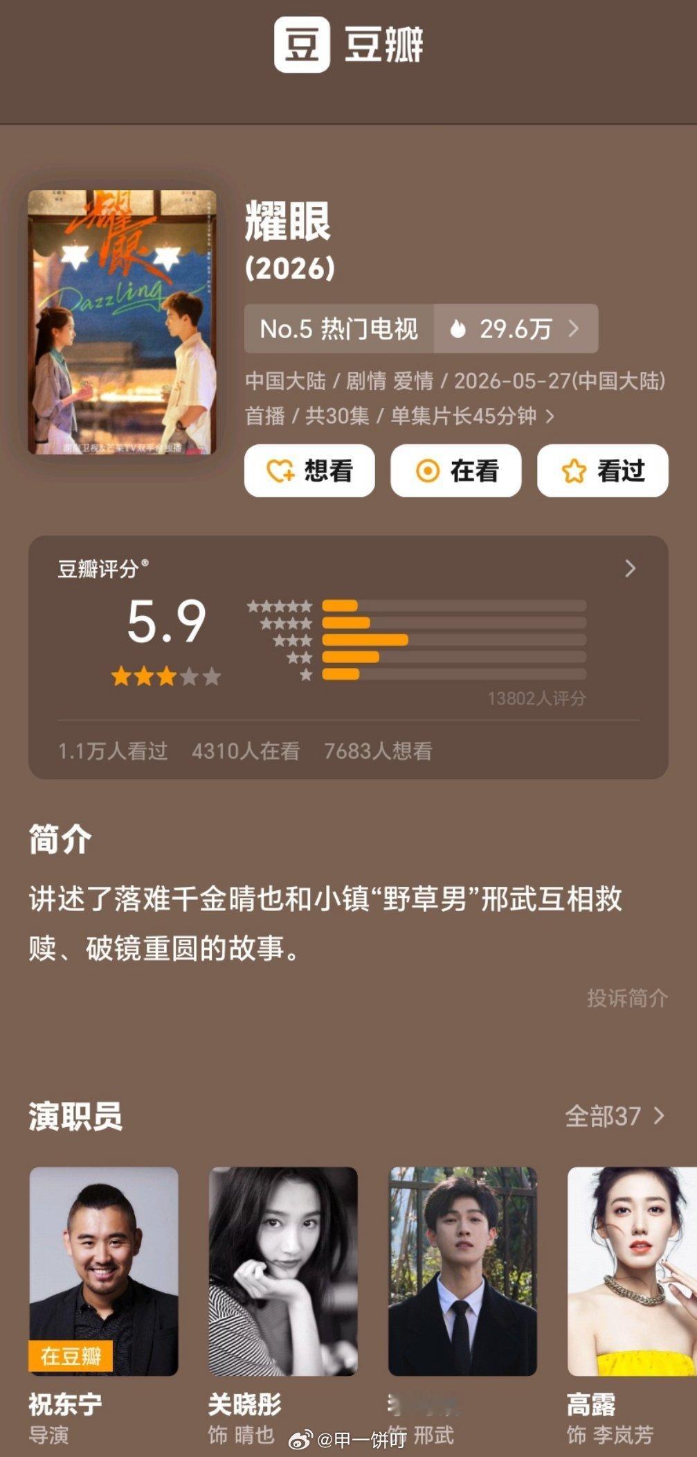 关晓彤、李昀锐《耀眼》豆瓣开分5.9