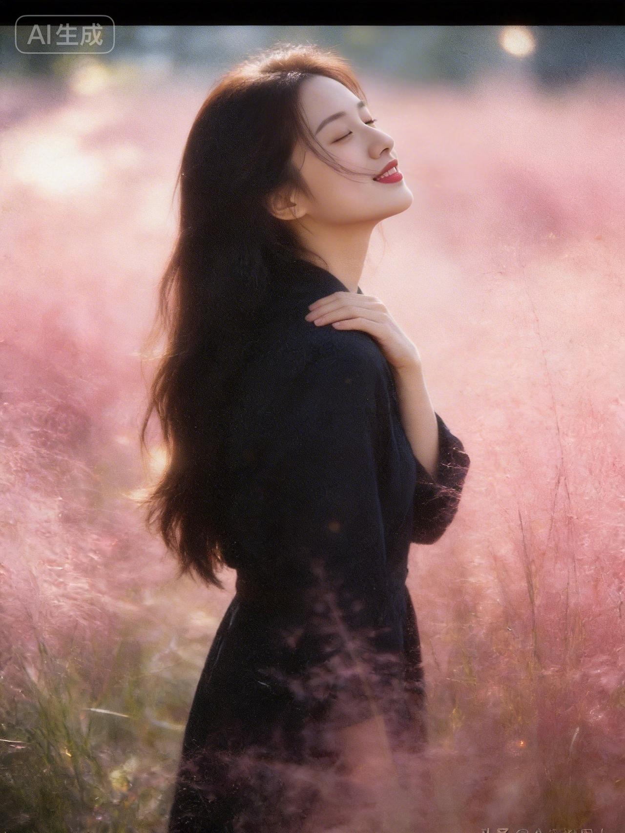 粉黛花海中的温柔女子，沉醉在春天的气息里。