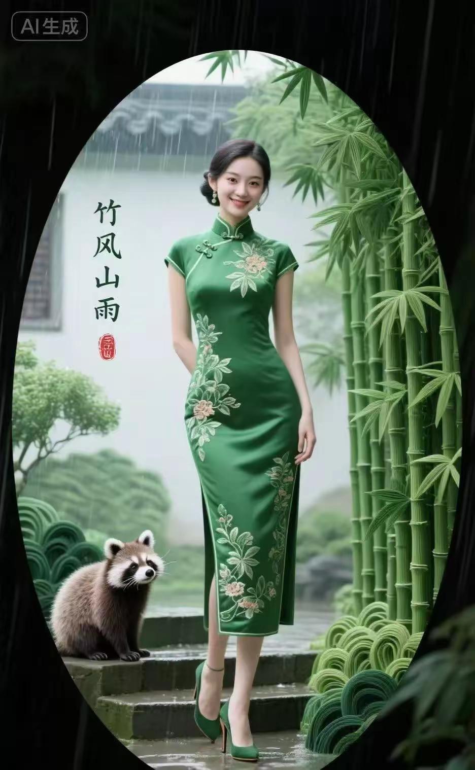 天净沙·玉竹旗袍美女
青筠玉竹含芳，
旗袍佳丽流香。
举止雍容韵长。
大方模样，