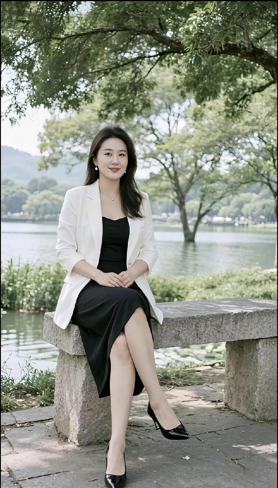 一位女士坐在湖边的长椅上。