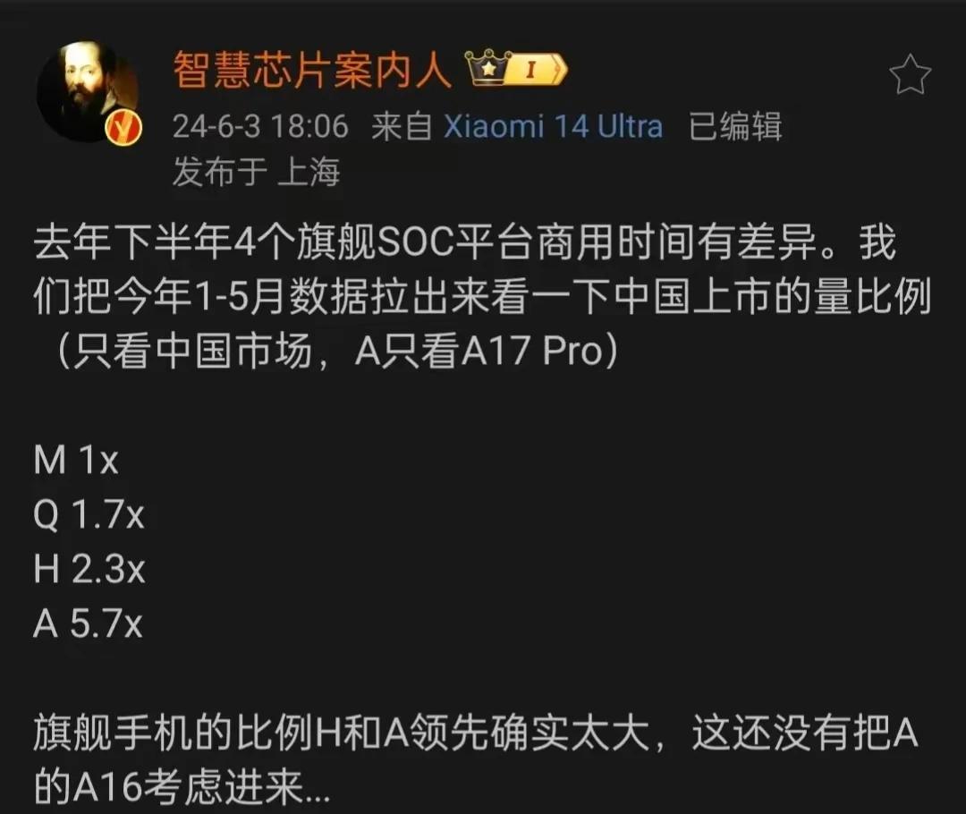 1-5月份国内各旗舰SoC平台阵营销量:
联发科:1x
高通:1.7x
海思:2