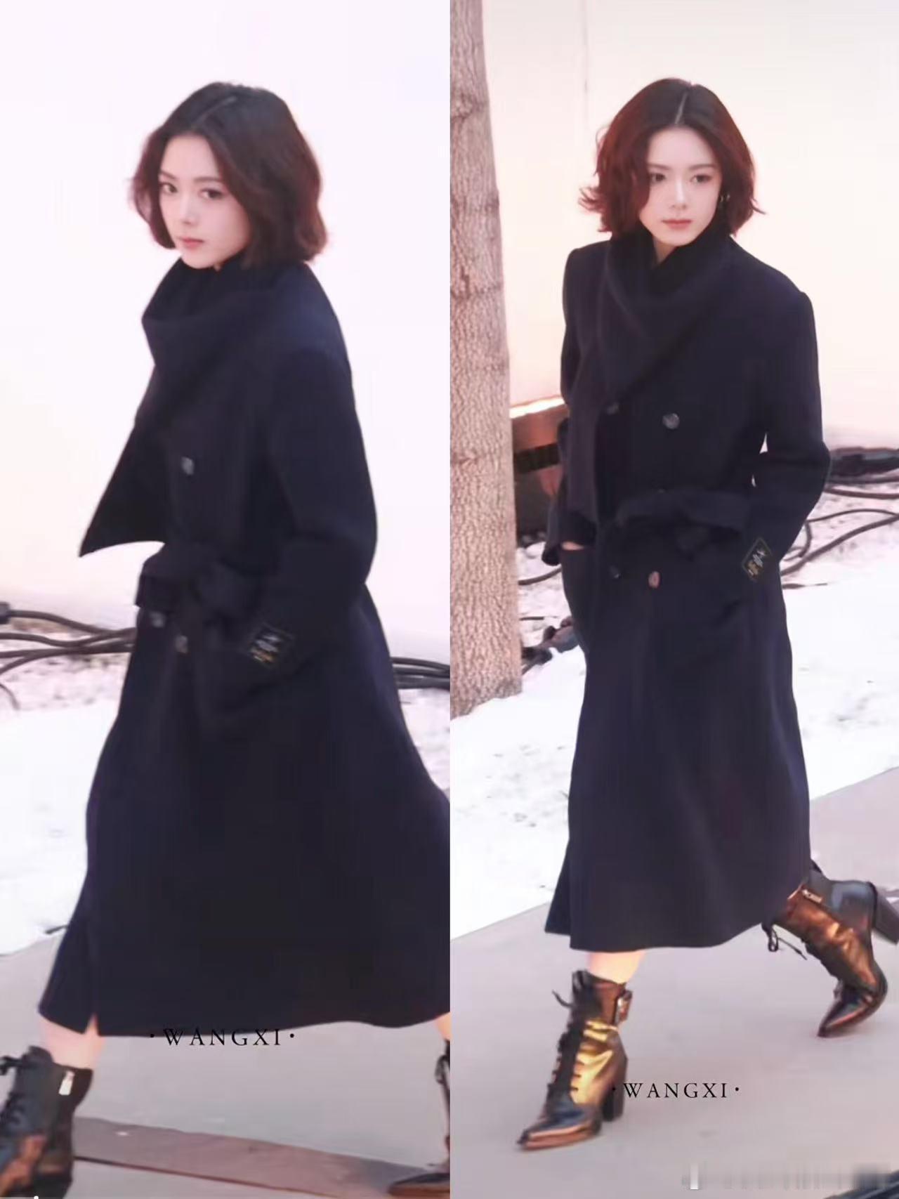 赵今麦黑大衣 黑大衣勾勒干练线条，眼神里藏着不服输的韧劲，妥妥的“不想继承家业只