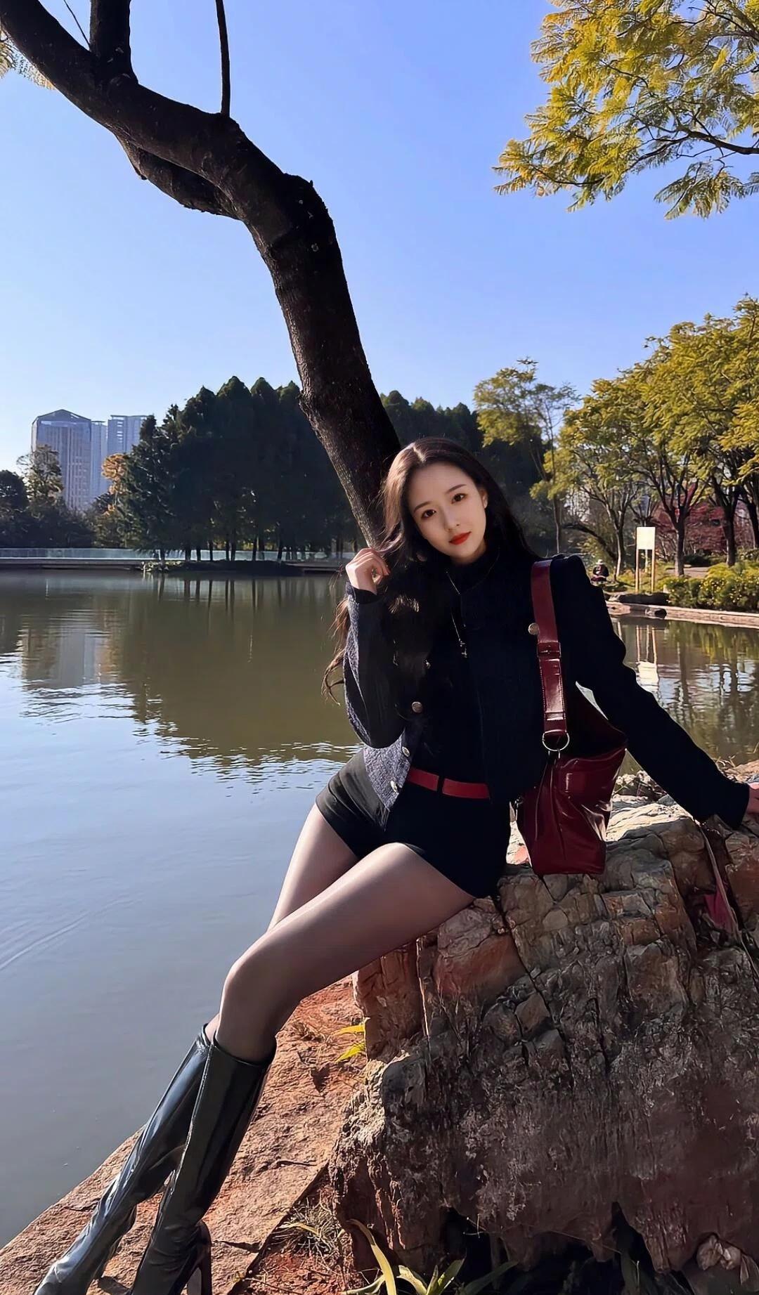 秋日湖畔，红色包包与黑衣的完美搭配，尽显优雅与时尚。