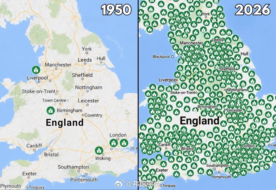 英格兰1950年：约5座清真寺；2026年：约1750座清真寺。 