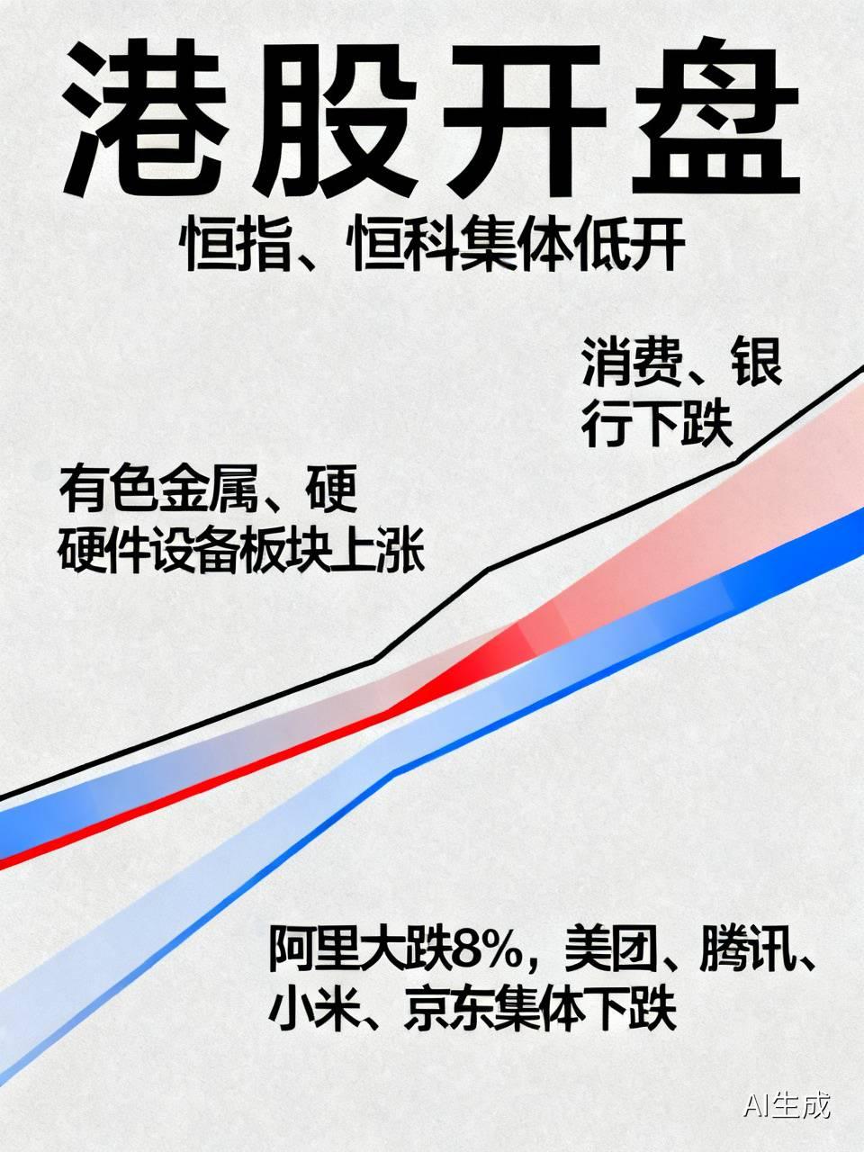 港股早盘开盘呈现显著分化态势，恒生指数和恒生科技指数均低开，盘面冷热不均的格局极