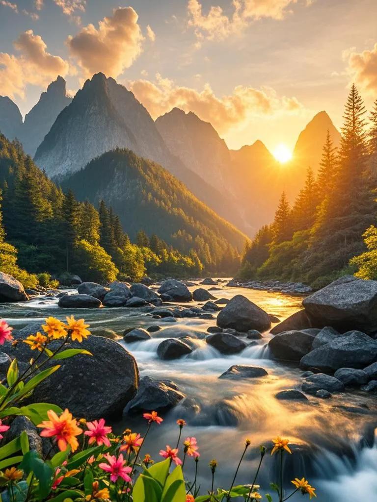 神农香溪源夕阳，峰峦林海韵悠扬。奇花异草溪边舞，暮色金溪共画长。诗情画意秋色浓 