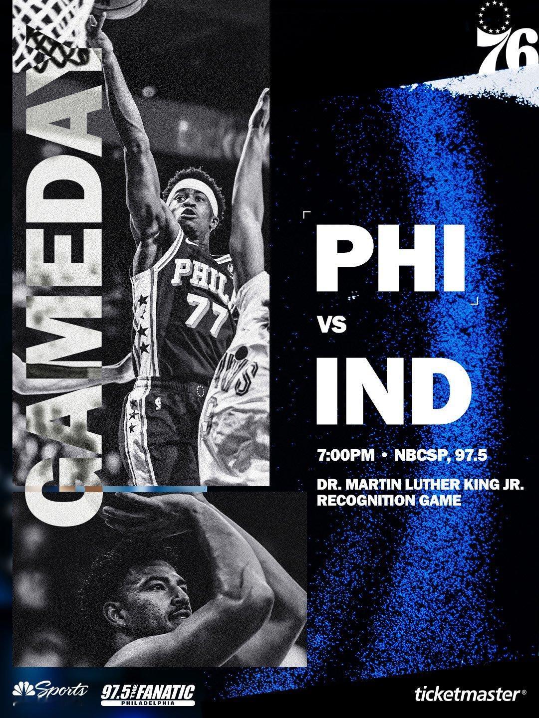 常规赛第41场：76人vs步行者首发阵容名单：马克西、埃奇库姆、乌布雷巴洛、恩比