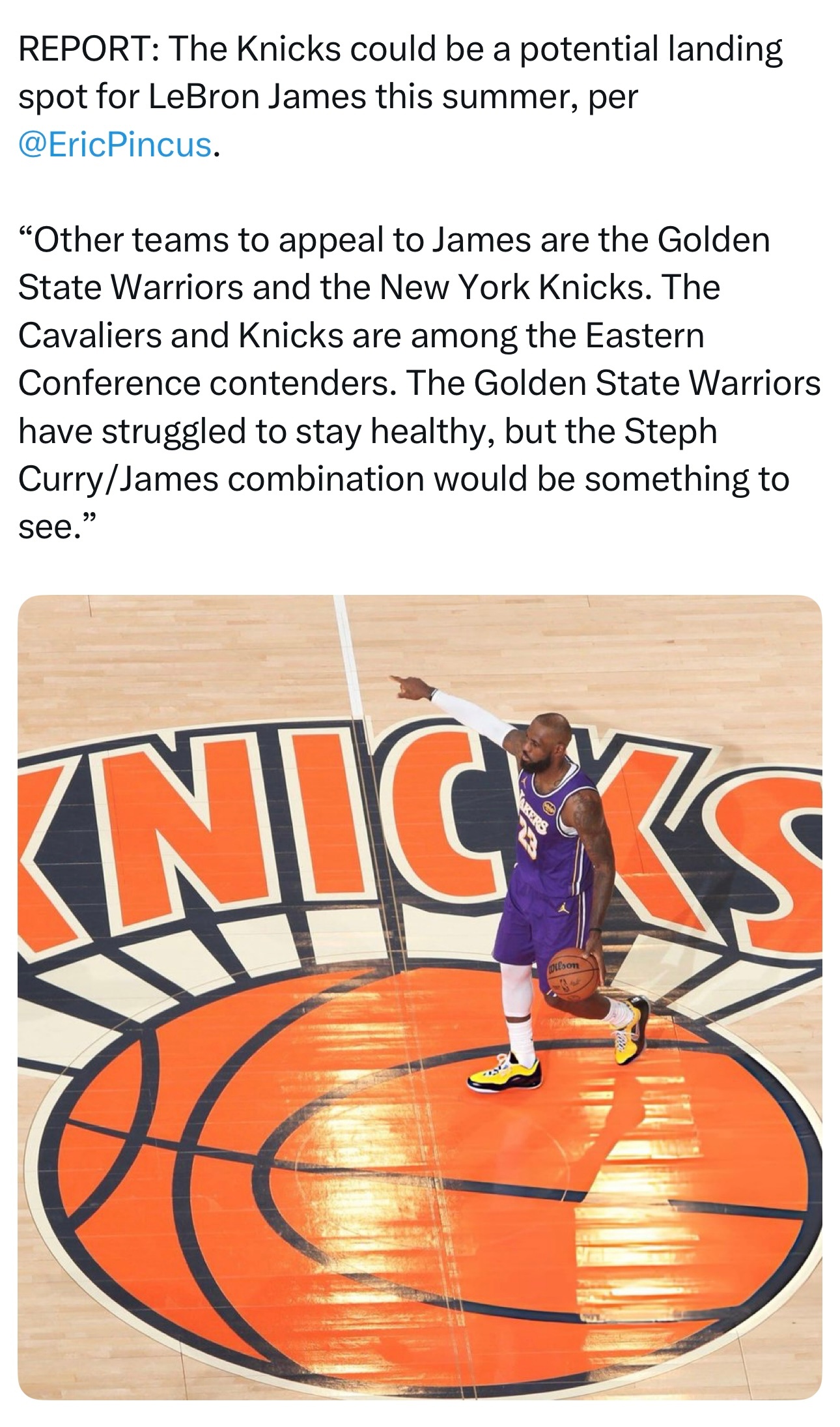 B/R记者Eric Pincus：尼克斯可能成为詹姆斯今年夏天的潜在下家。“对詹