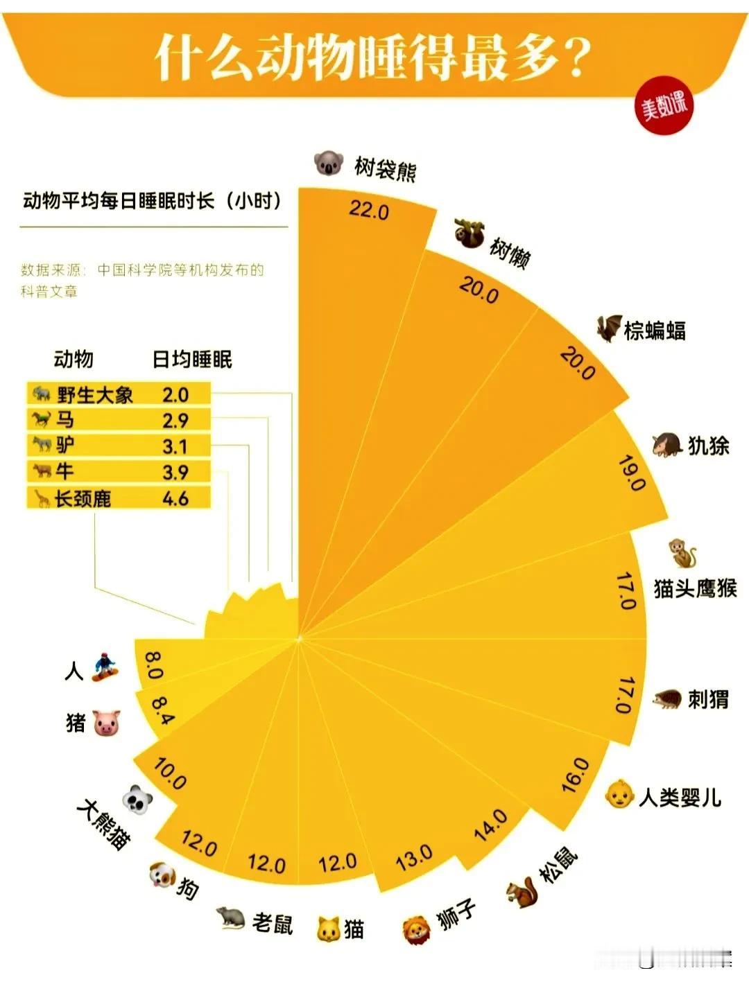 不同动物的日均睡眠时长，树袋熊一天要睡22个小时，人类婴儿要睡16个小时，猫和狗