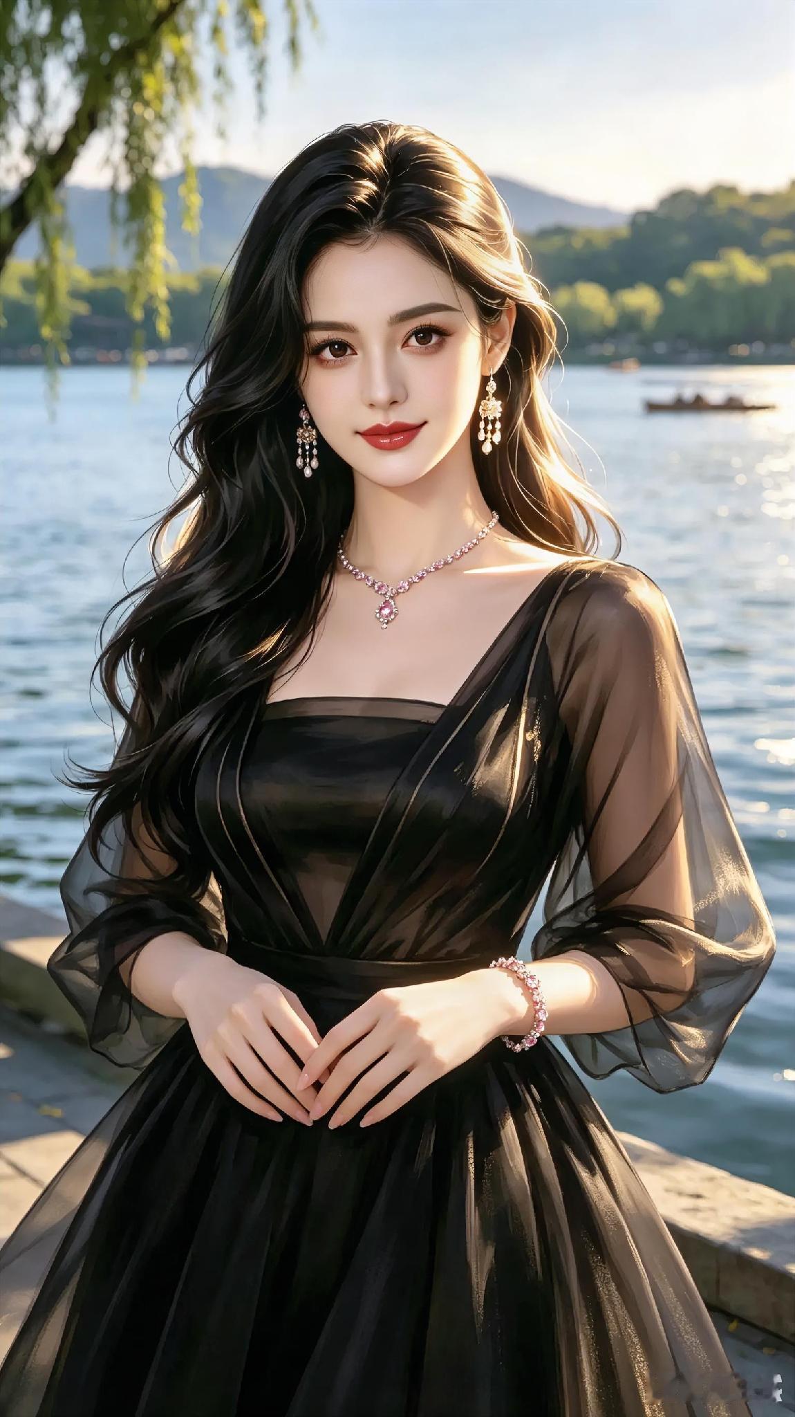 优雅黑裙，湖畔仙子，梦幻时光
女孩子怎么穿搭既时尚又好看? 
Ai创意作品分享 