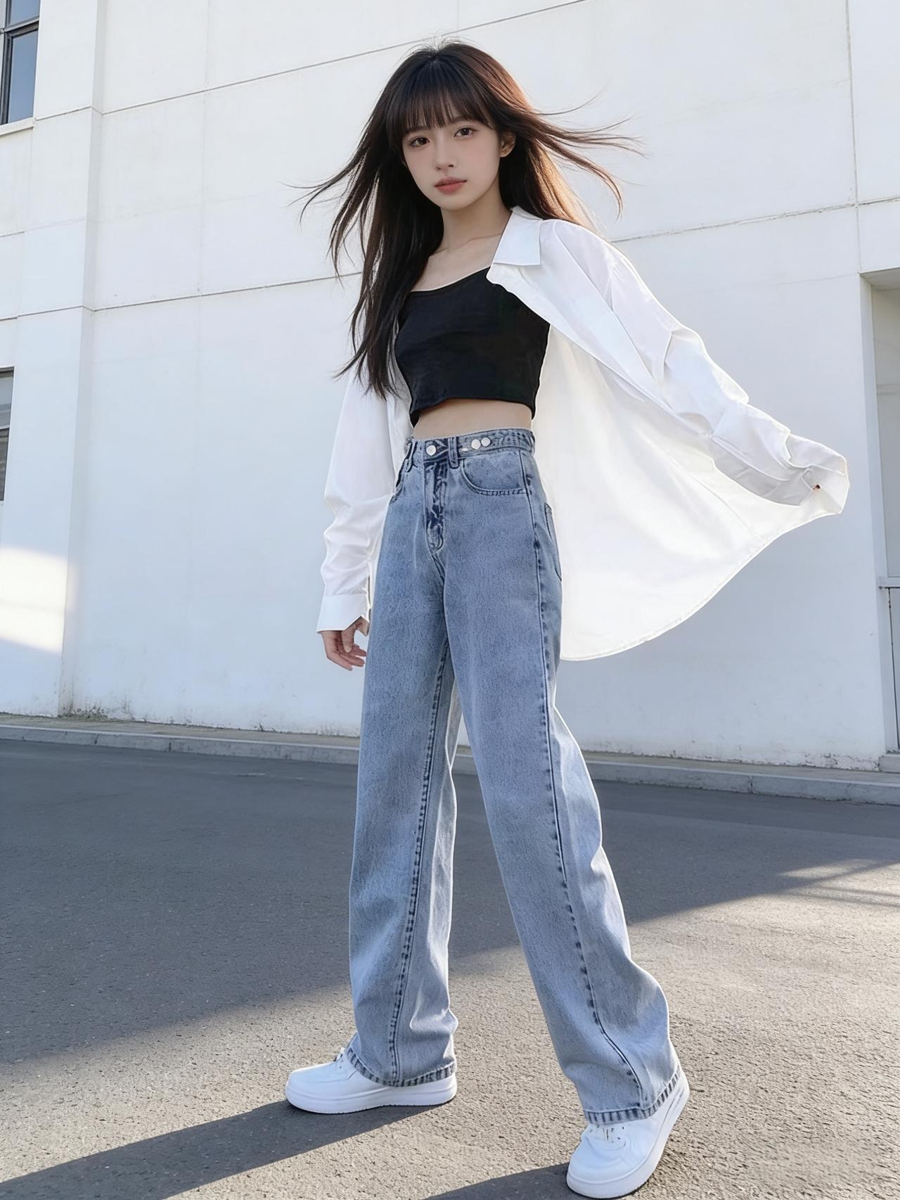 一件挺括的白衬衫，随意解开扣子，透出几分不羁。内里，一抹神秘的黑色抹胸若隐若现，