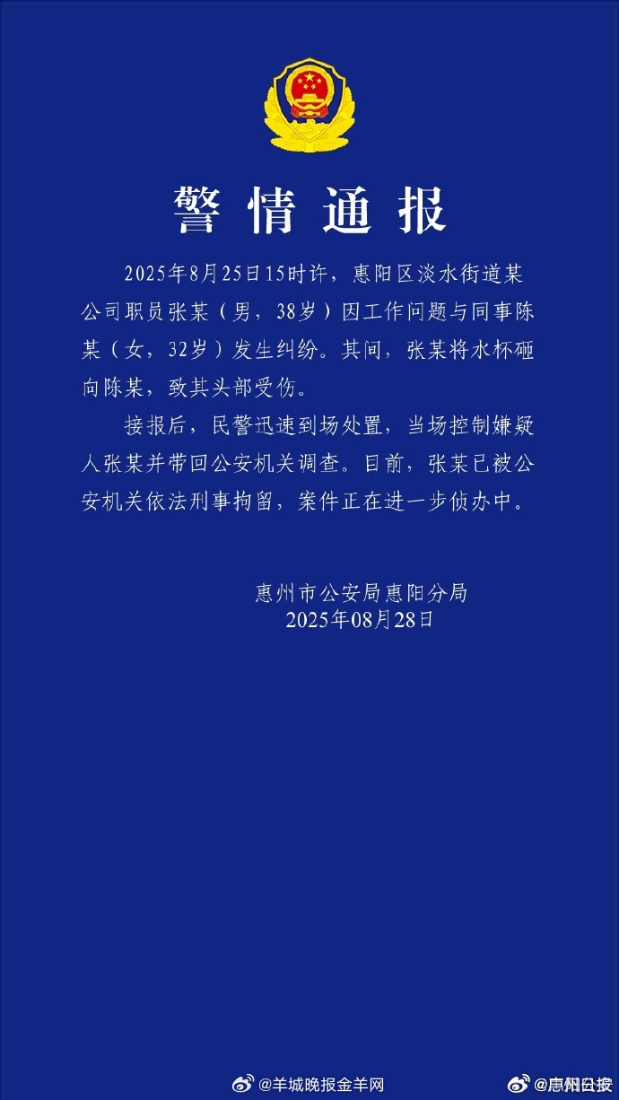 【#男子用陶瓷杯砸同事脸被刑拘#】8月28日，广东省惠州市公安局惠阳分局发布警情