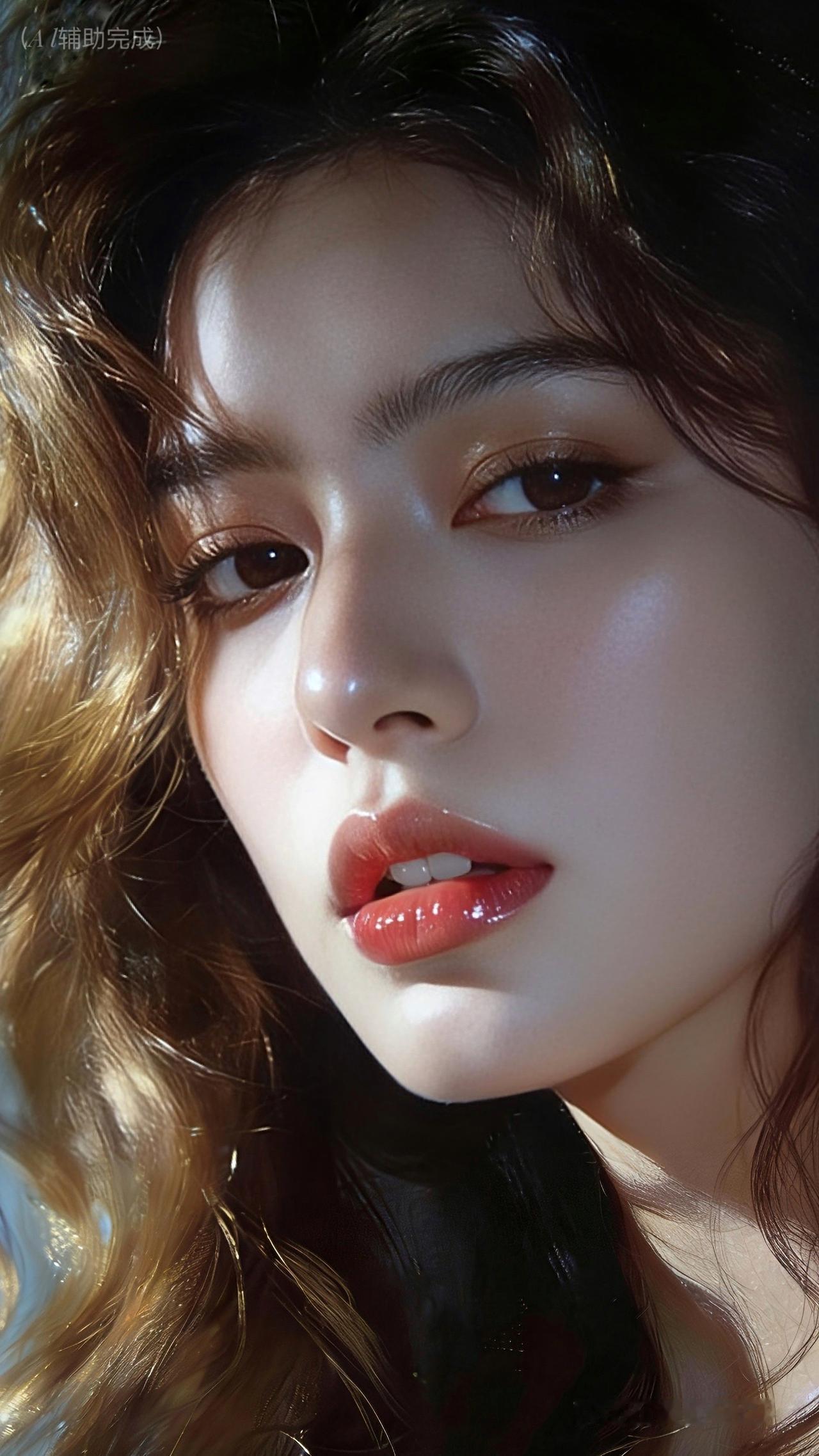 谁能抗拒鎏金卷发光浪中的她？眼含星芒揉碎银河，蜜桃唇水光潋滟，光影吻过肌肤漾开慵