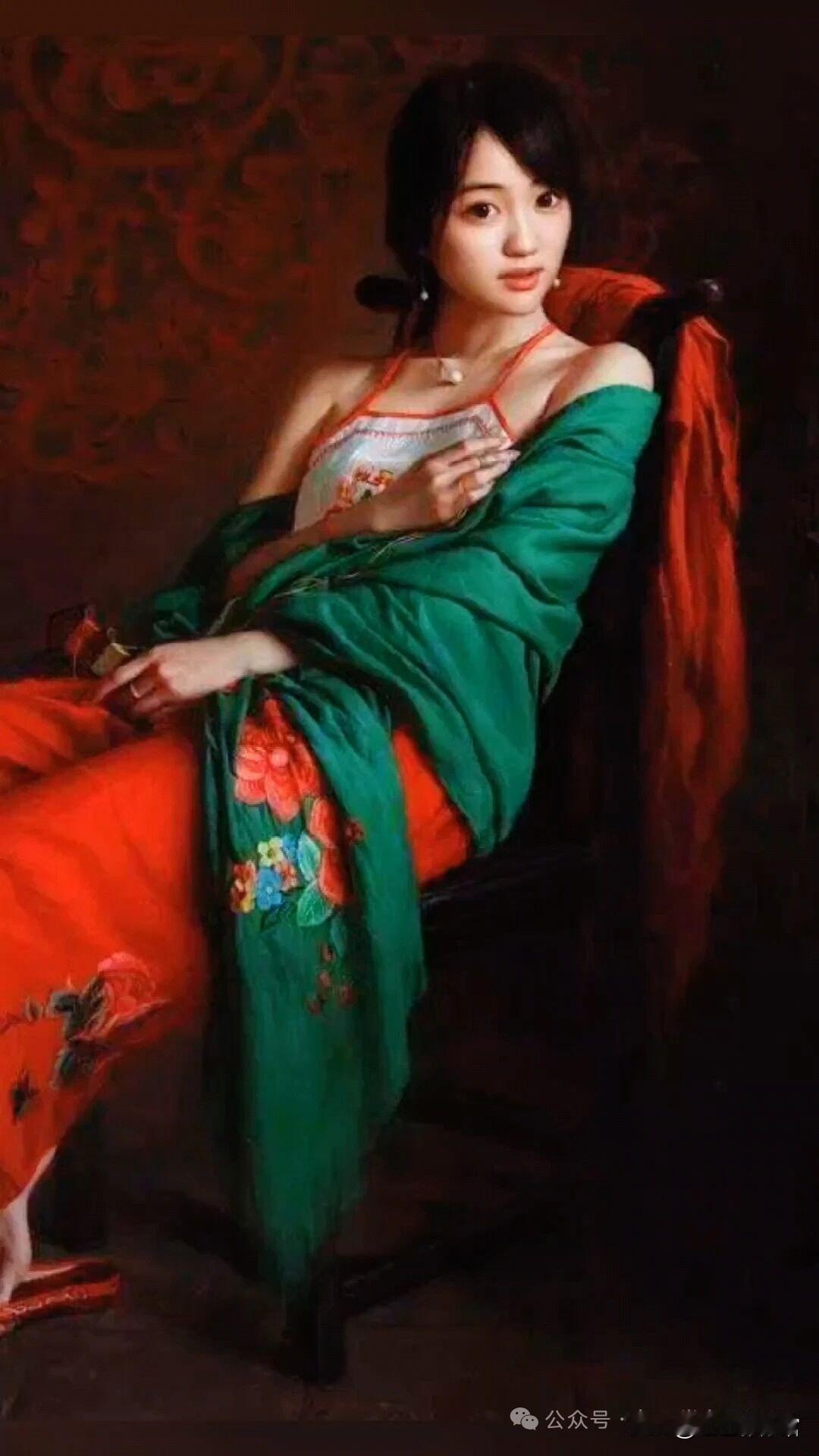 含蓄内敛甜美的少女情怀
中国当代油画家安静创作的一幅肖像画，红白相间的肚兜和红色
