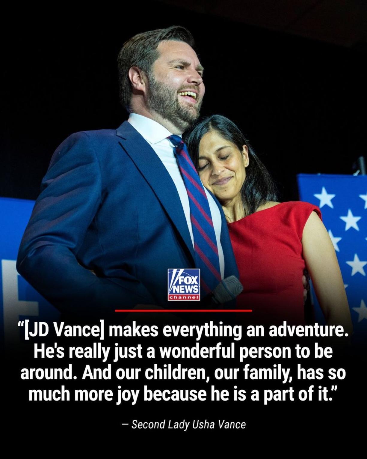 美国第二夫人乌莎·万斯称她的丈夫、副总统 JD·万斯是“最友善、最风趣的人”，也