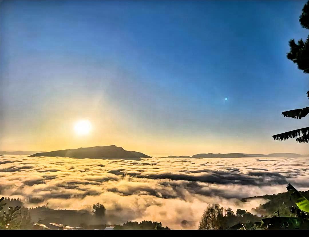 云海日出，宛如仙境的绝美之景。当第一缕曙光划破厚重的云海，金色光芒刹那间点亮了整