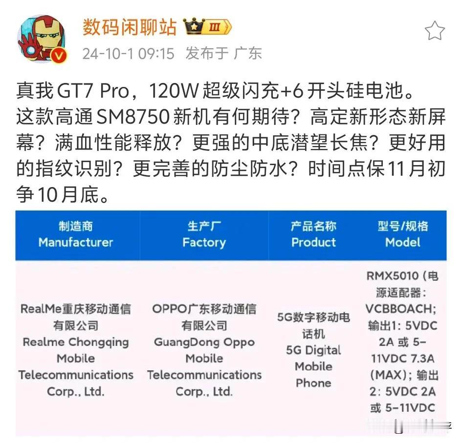真我GT7Pro来了，暂时定在下个月上，月底估计不太可能了

120瓦+6100