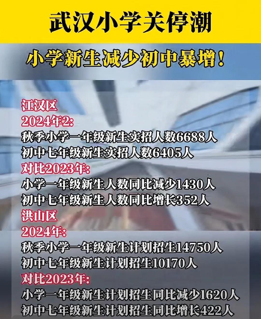 武汉小学现关停潮，从江汉区、洪山区2024年与2023年小学一年级入学人数可以看