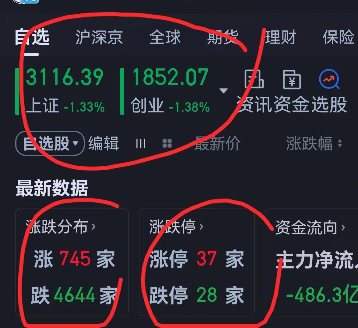 老手说股：（3）
今天股市跌幅较大，上涨家数不到800家，我的账户出现了较大幅度