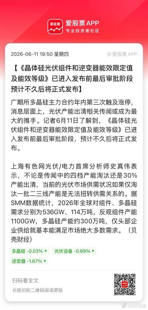 【《晶体硅光伏组件和逆变器能效限定值及能效等级》已进入发布前最后审批阶段 预计不