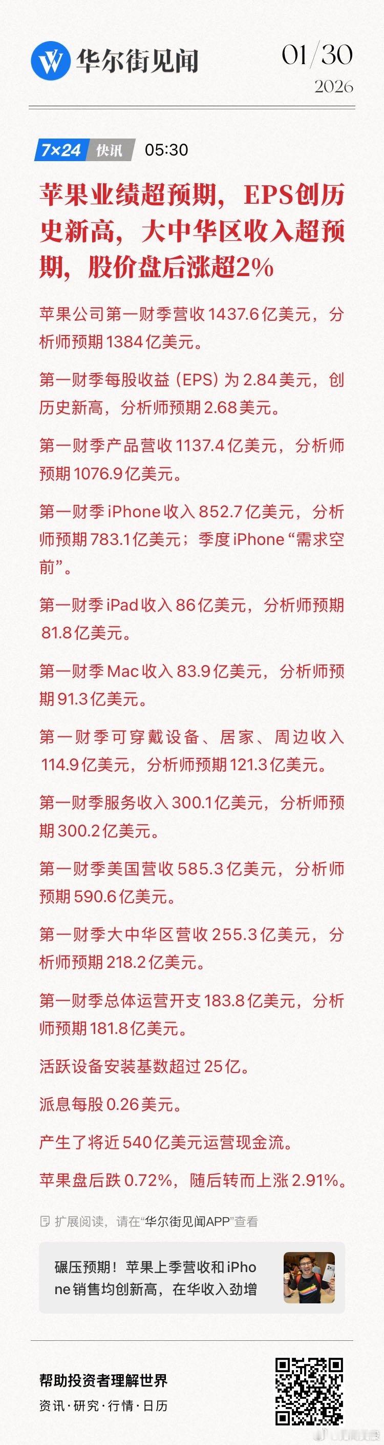 感恩节+圣诞节“假日销售季”，苹果业绩超预期，EPS创历史新高，大中华区收入超预