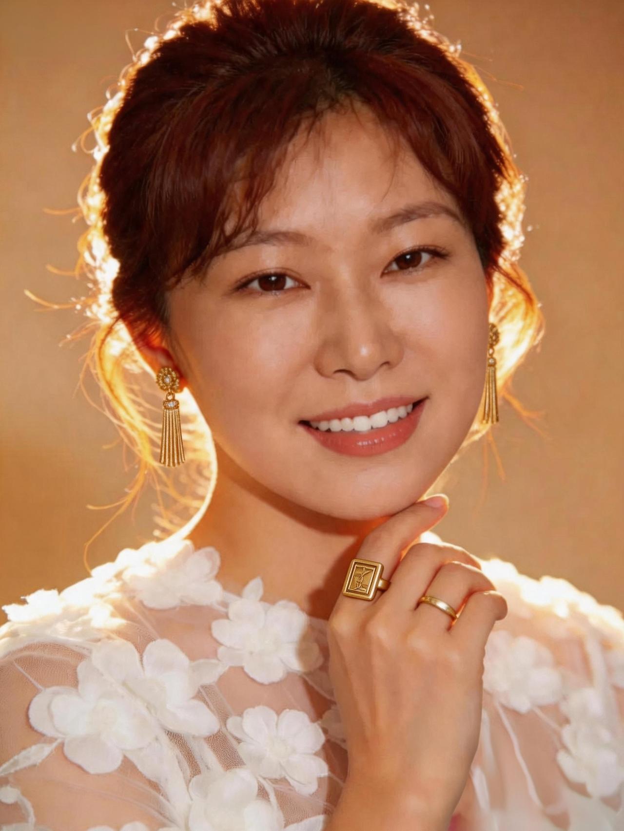 优雅气质，温柔微笑，金饰闪耀，花裙飘逸，完美女神。