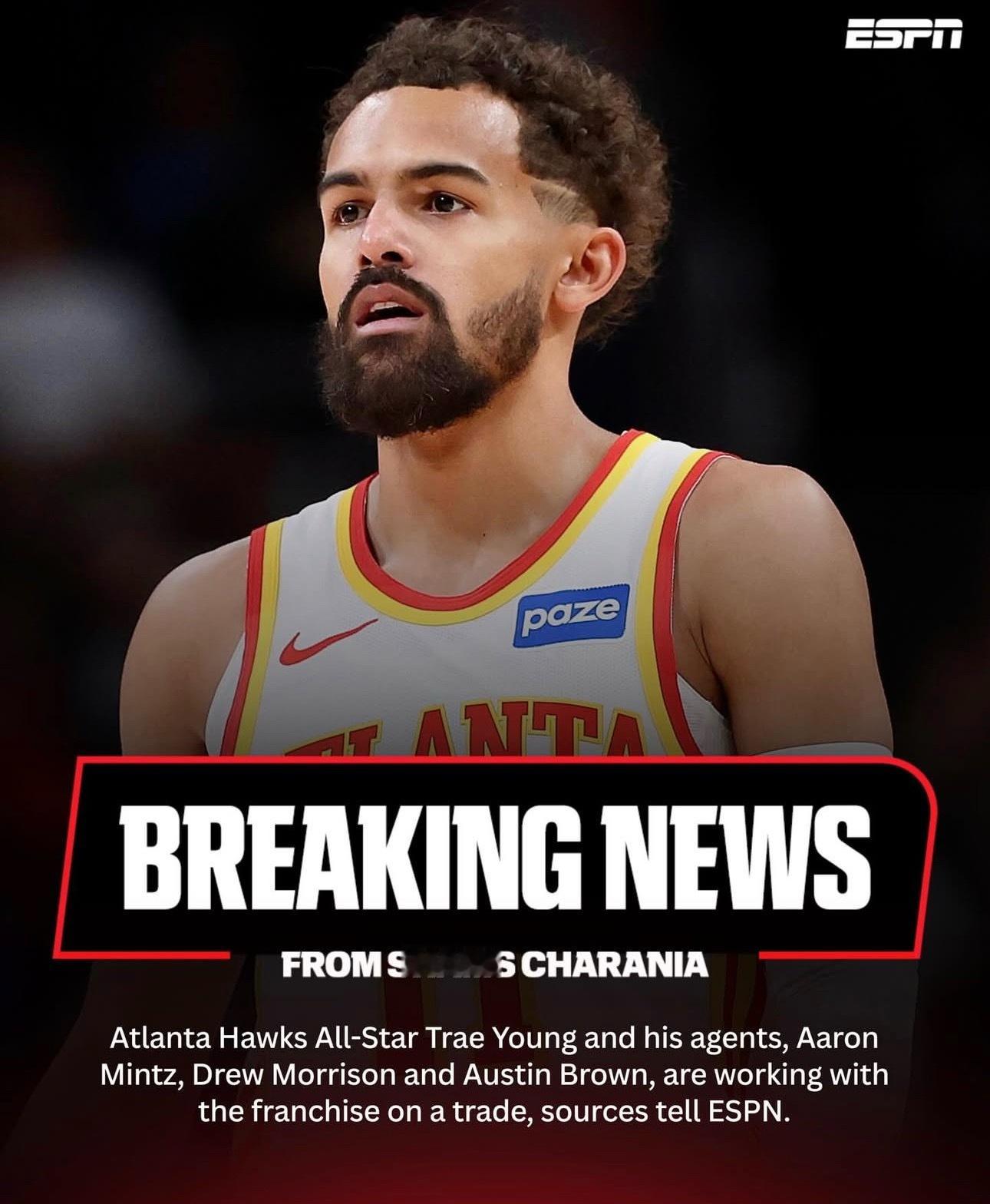 据Shams报道，特雷·杨￼及其经纪人团队正在与球队商讨交易事宜。特雷·杨的经纪