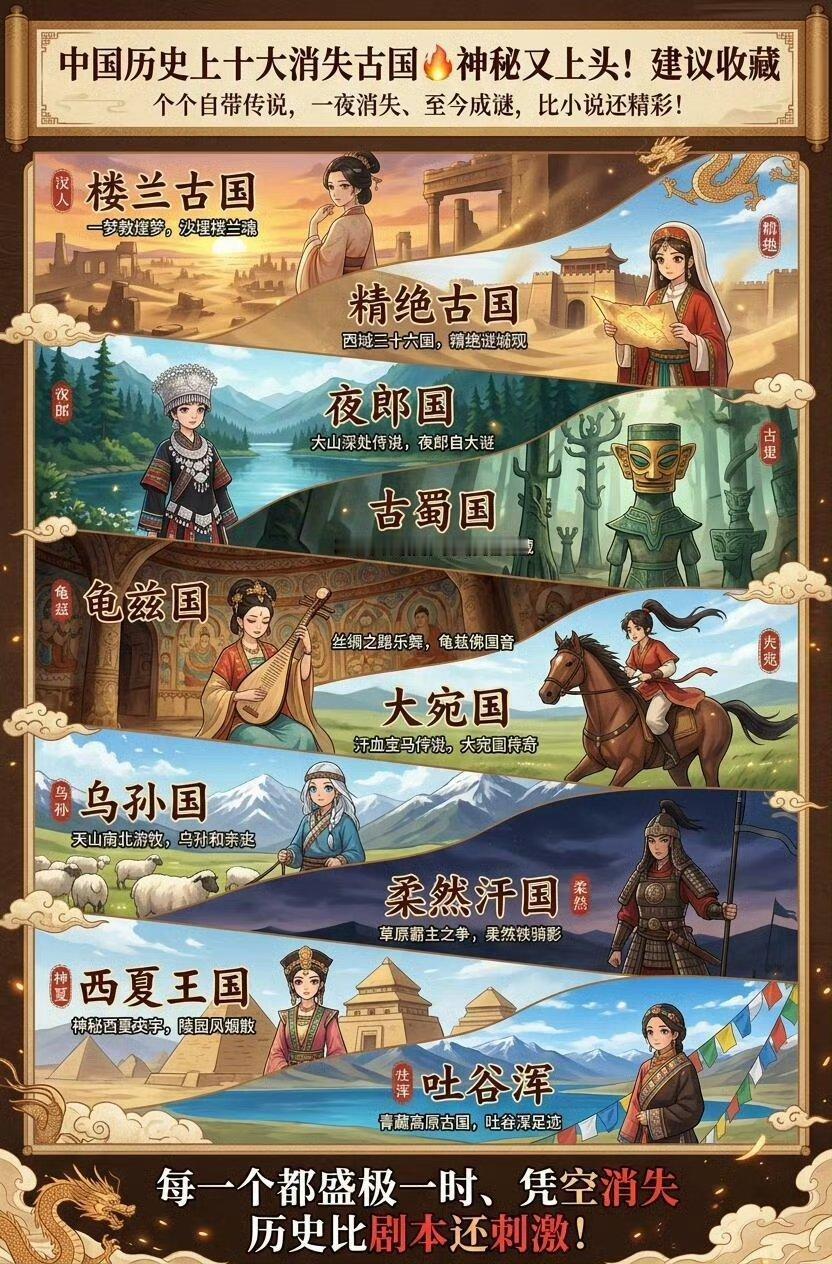 中国历史上 10 大神秘消失古国，每一个都藏着千古谜团✨
谁能想到，我们脚下这片