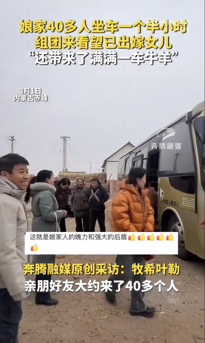 娘家人带一卡车牛羊来看望出嫁女子。
3月1日，内蒙古。一位出嫁女子的娘家人组成4