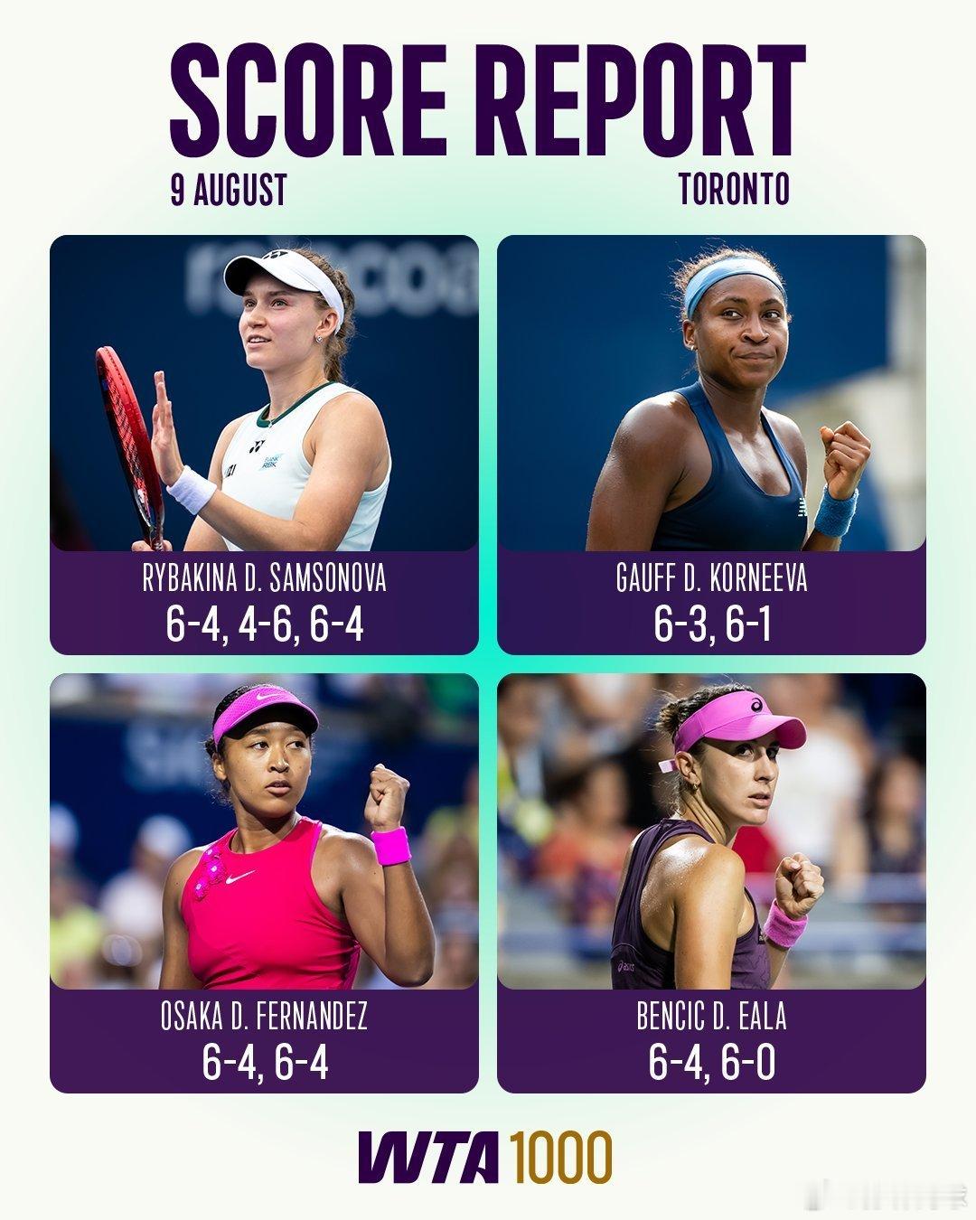 WTA1000多伦多下半区1/4决赛07：00，🇺🇸高芙vs本西奇🇨🇭两