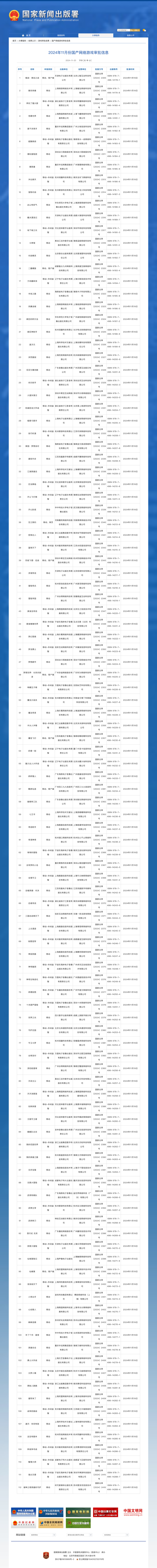 国家新闻出版署公布2024年11月份国产网络游戏审批信息