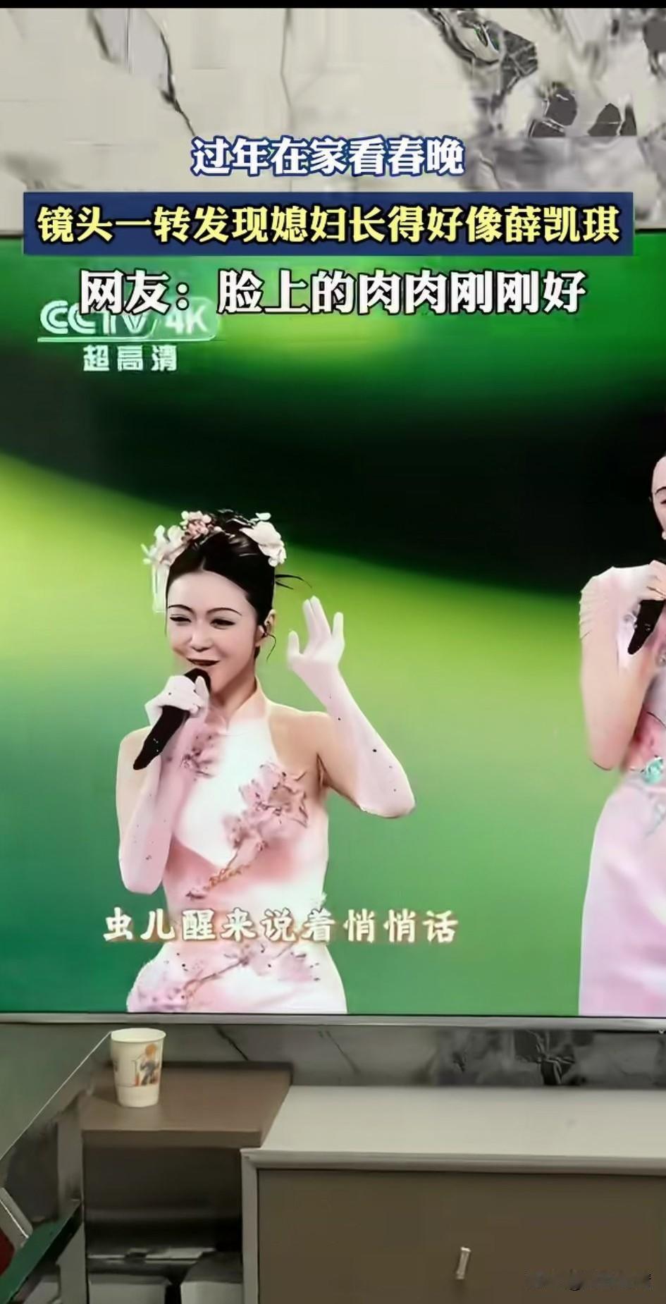 男子春节在家看春晚，
看到春晚上的美女薛凯琪，
哈喇子流了一地，
结果回头一看，