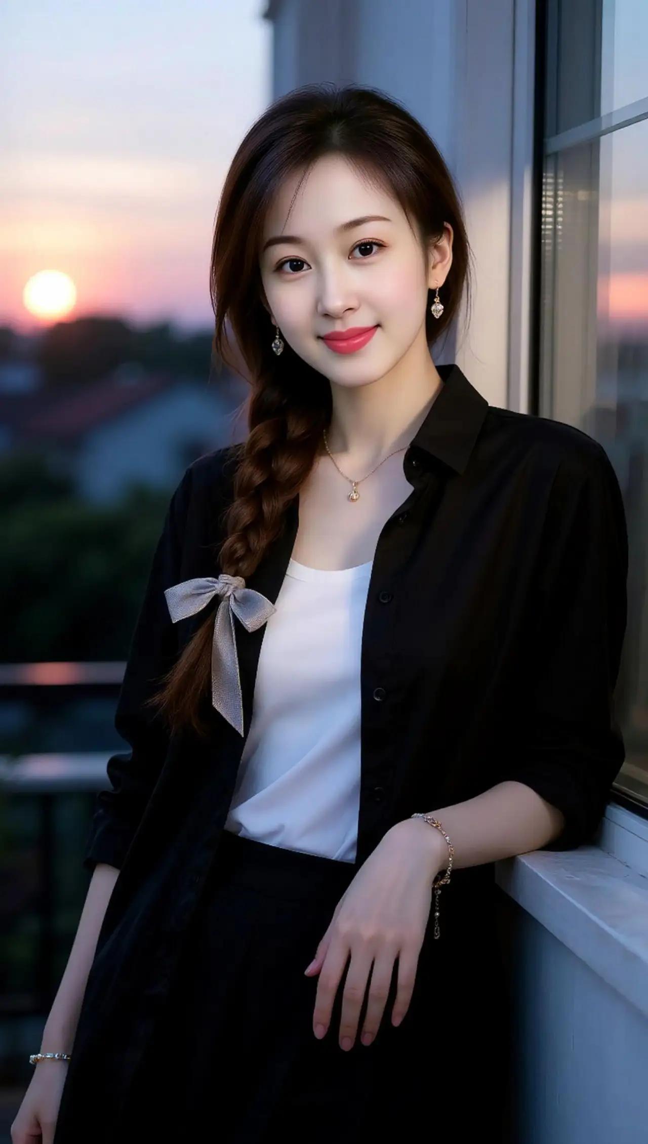 夕阳下的温柔少女，黑衬衫与白T恤的完美搭配，散发着青春与优雅的气息。🍀🍎🌴